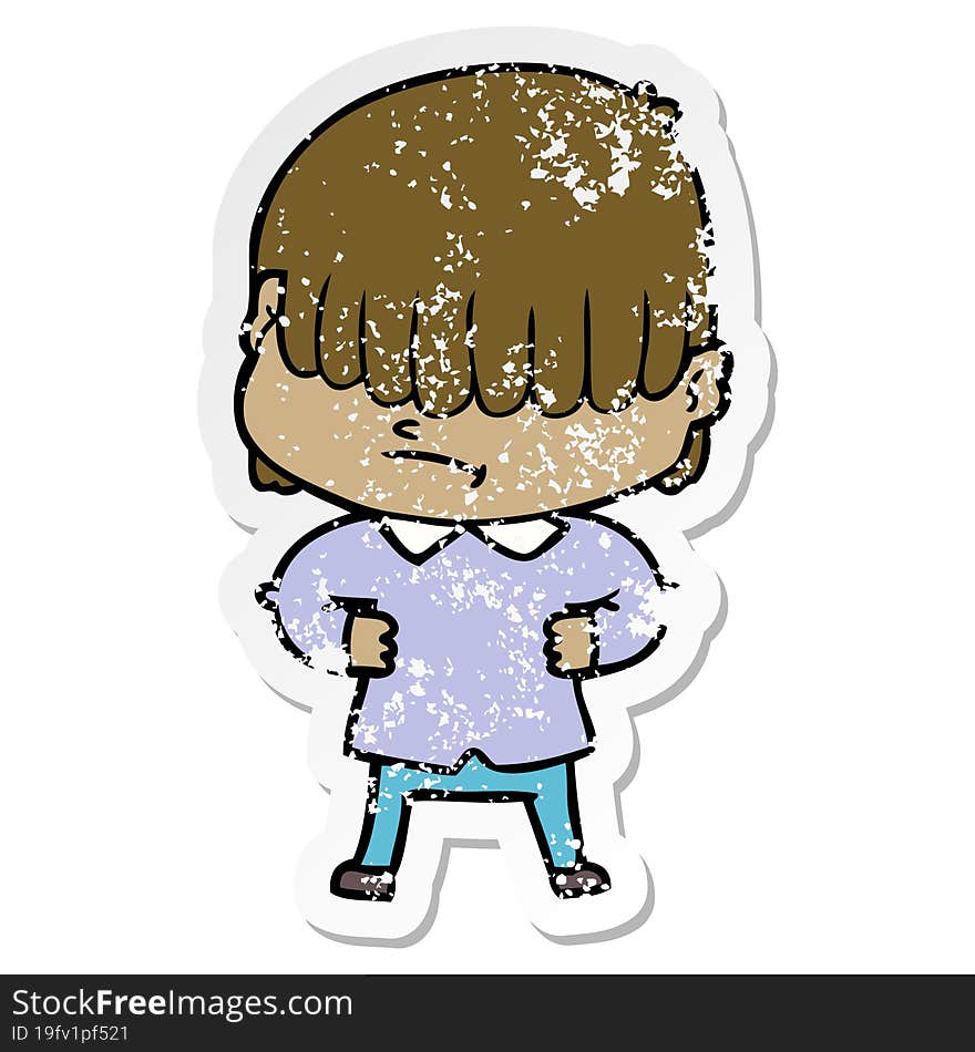 distressed sticker of a cartoon boy with untidy hair