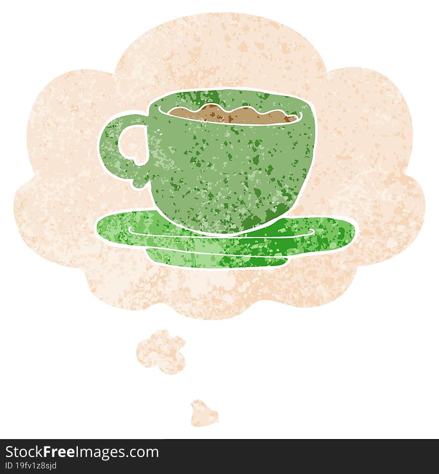 cartoon cup of tea and thought bubble in retro textured style