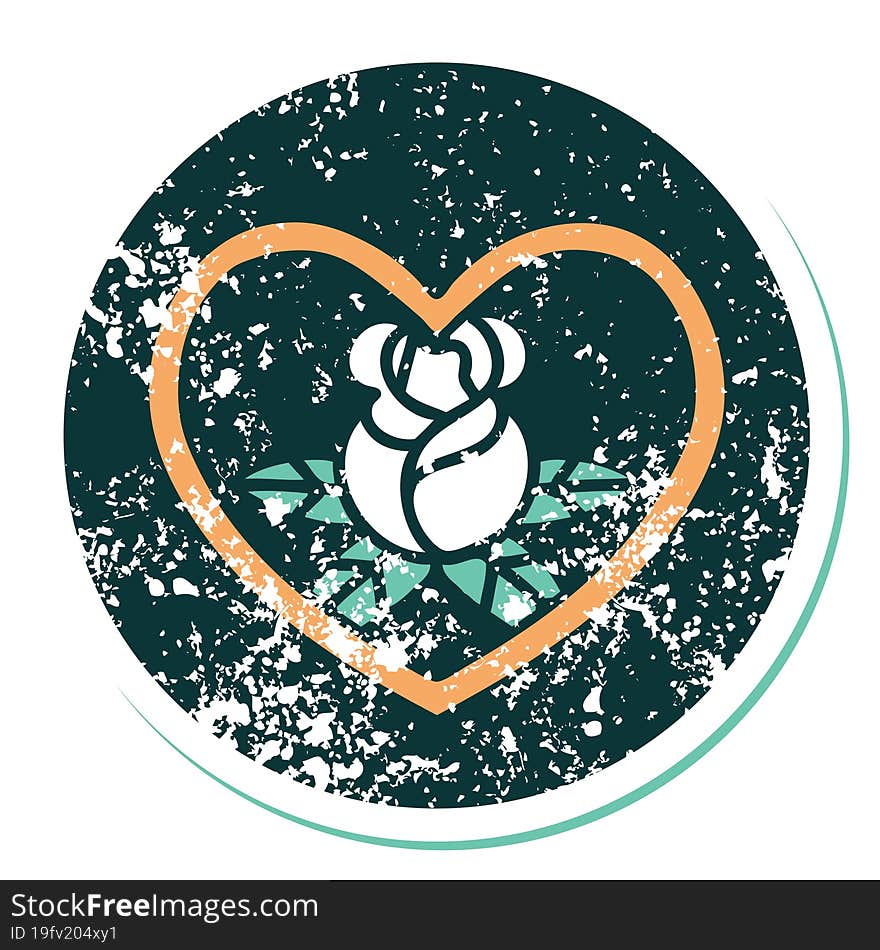 iconic distressed sticker tattoo style image of a heart and flowers. iconic distressed sticker tattoo style image of a heart and flowers