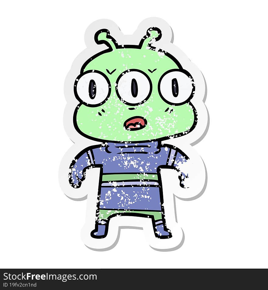 Distressed Sticker Of A Cartoon Three Eyed Alien