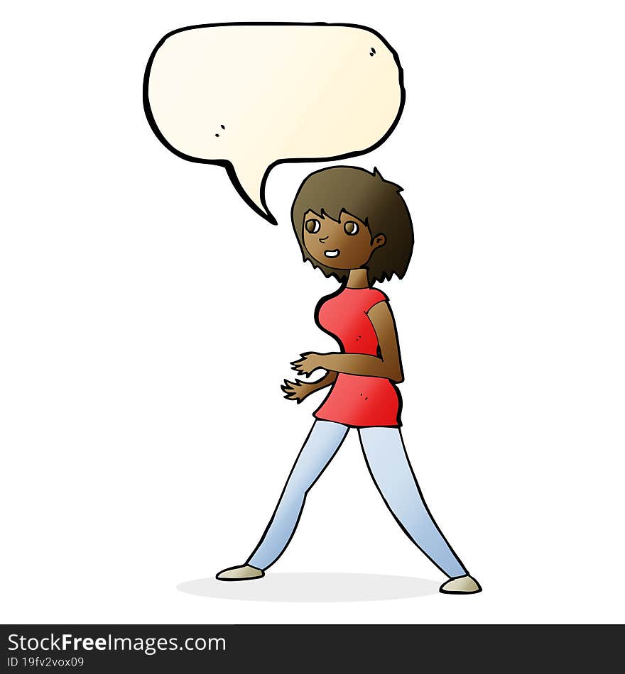 cartoon woman walking with speech bubble