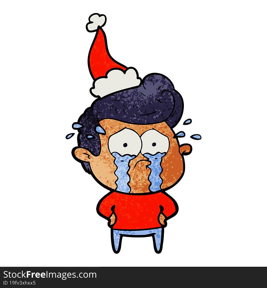 textured cartoon of a crying man wearing santa hat