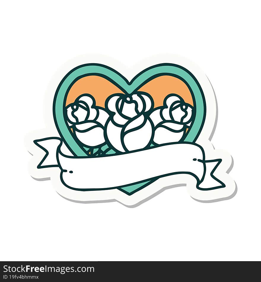 Tattoo Style Sticker Of A Heart And Banner With Flowers