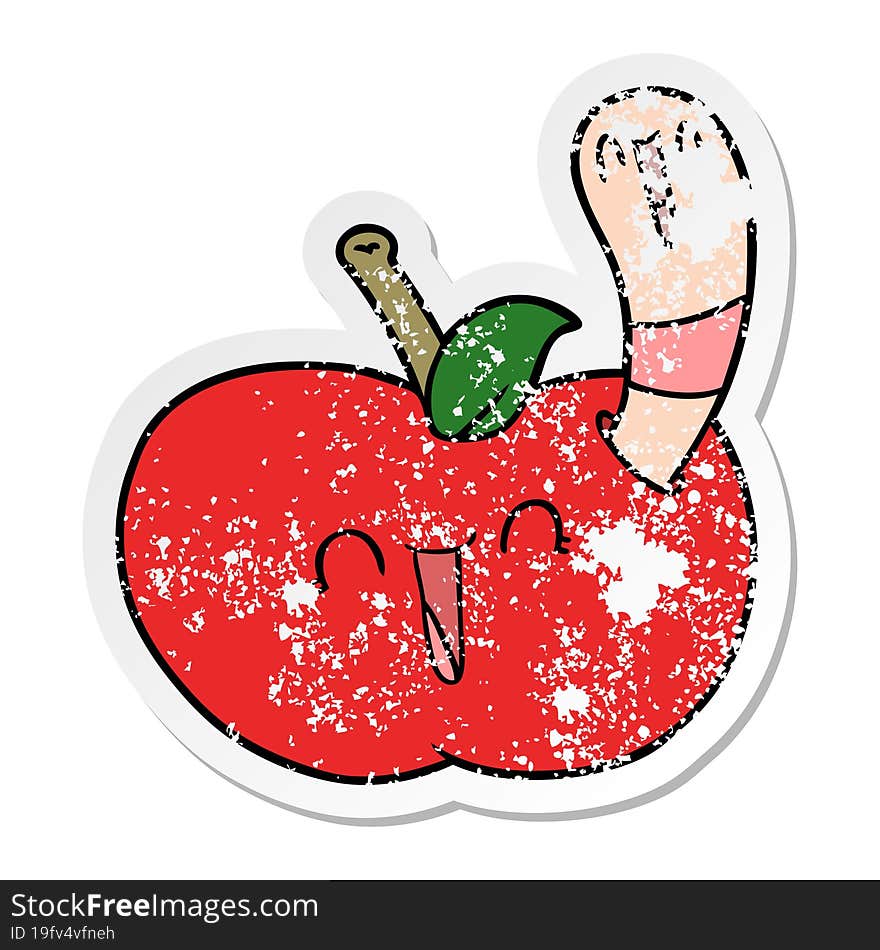 distressed sticker of a cartoon worm in happy apple