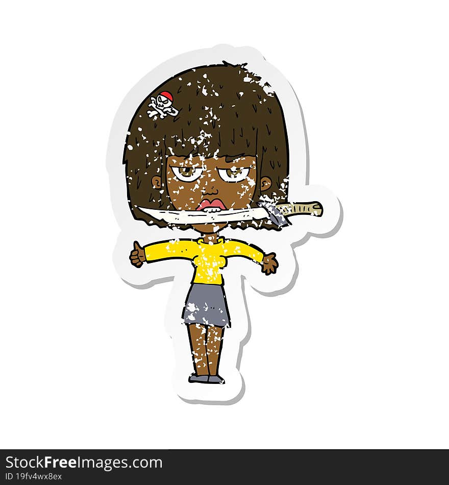 Retro Distressed Sticker Of A Cartoon Woman With Knife Between Teeth