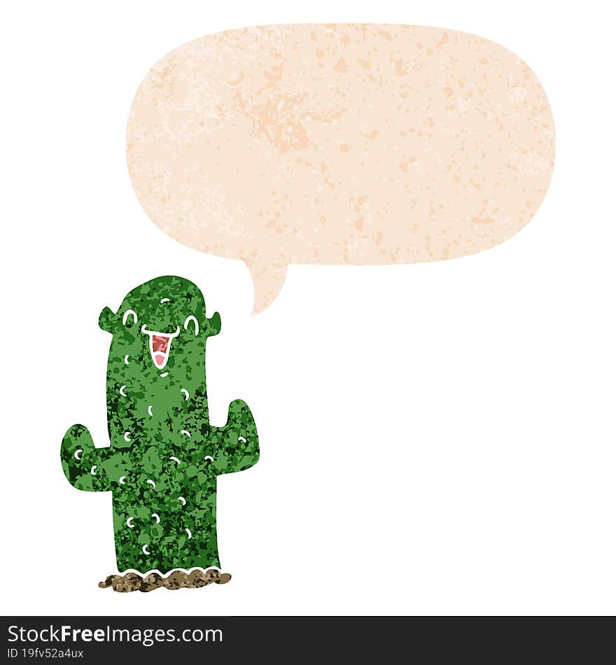 cartoon cactus and speech bubble in retro textured style