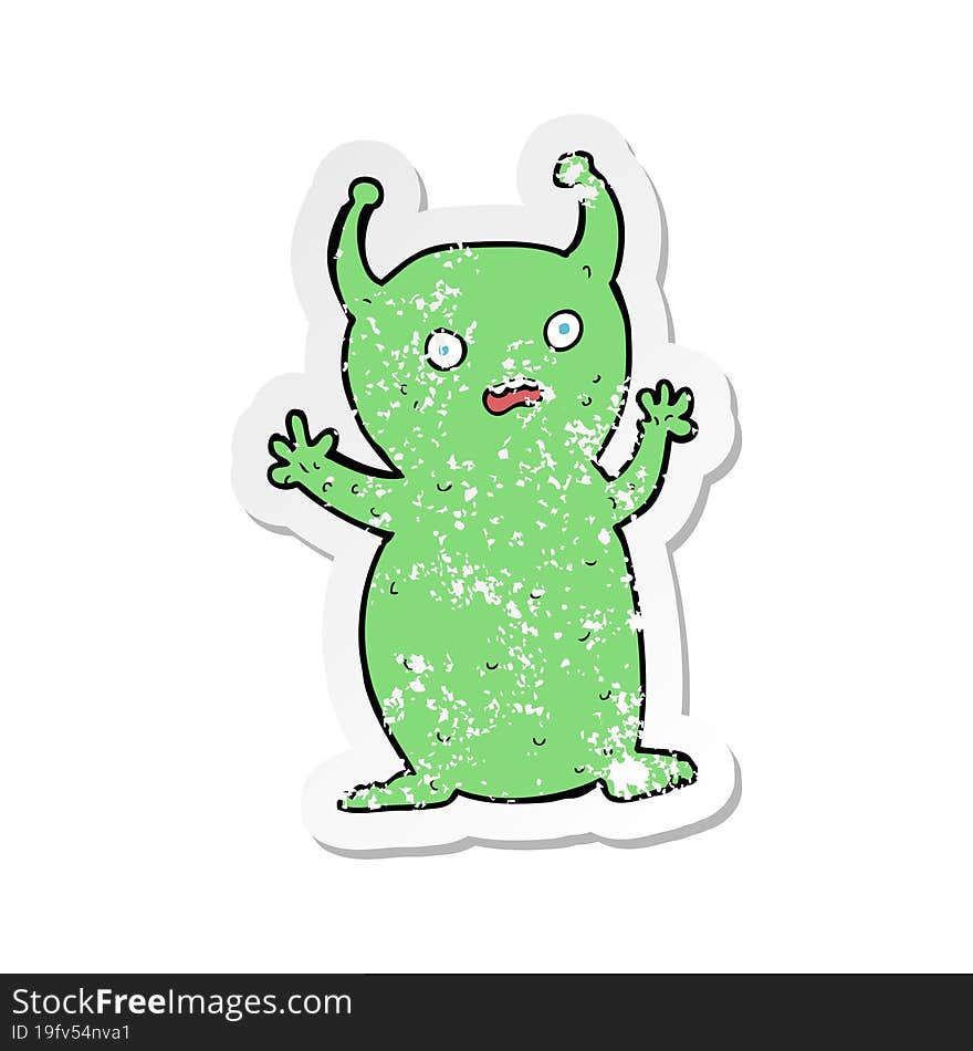 Retro Distressed Sticker Of A Cartoon Funny Little Alien