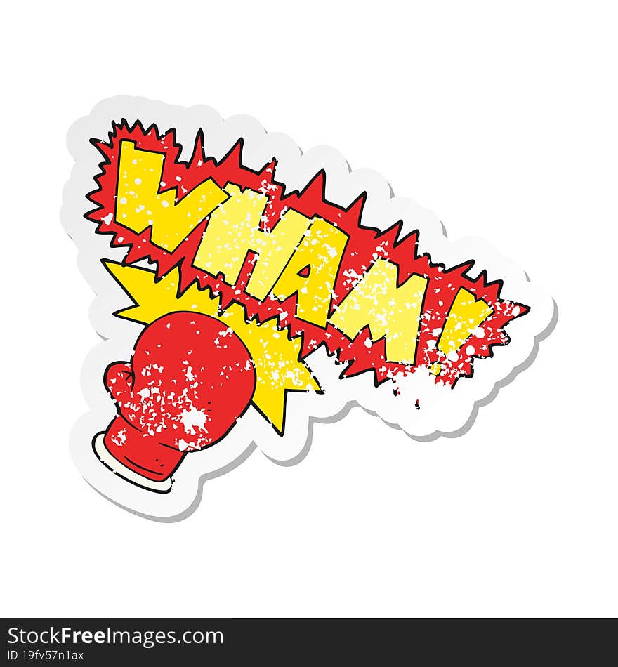 retro distressed sticker of a cartoon boxing glove punch