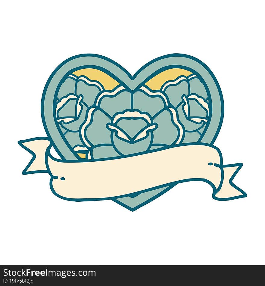 Tattoo Style Icon Of A Heart And Banner With Flowers