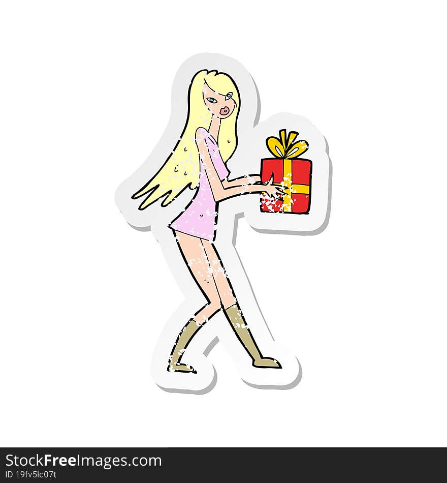 Retro Distressed Sticker Of A Cartoon Fashion Girl With Present