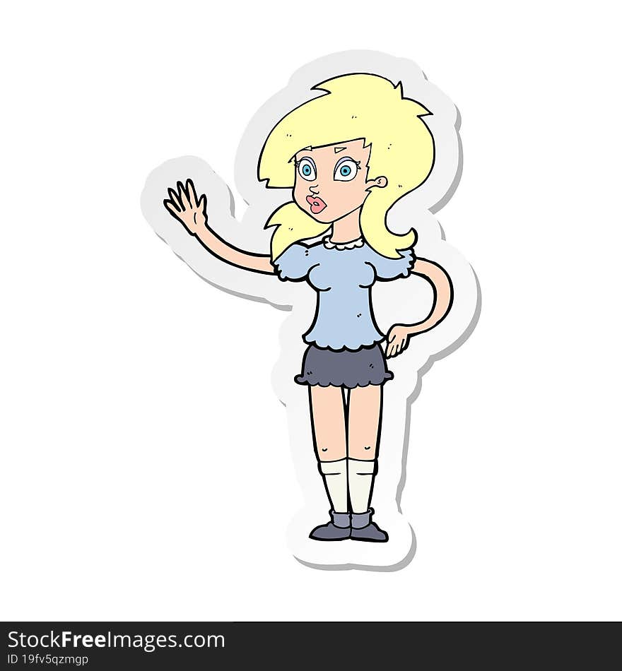 sticker of a cartoon pretty woman waving for attention