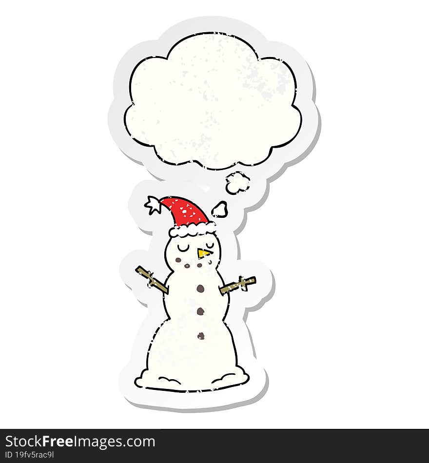 cartoon christmas snowman and thought bubble as a distressed worn sticker