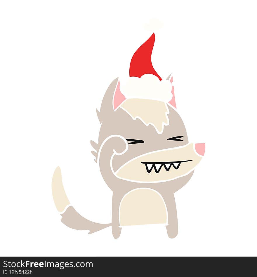 tired wolf hand drawn flat color illustration of a wearing santa hat. tired wolf hand drawn flat color illustration of a wearing santa hat