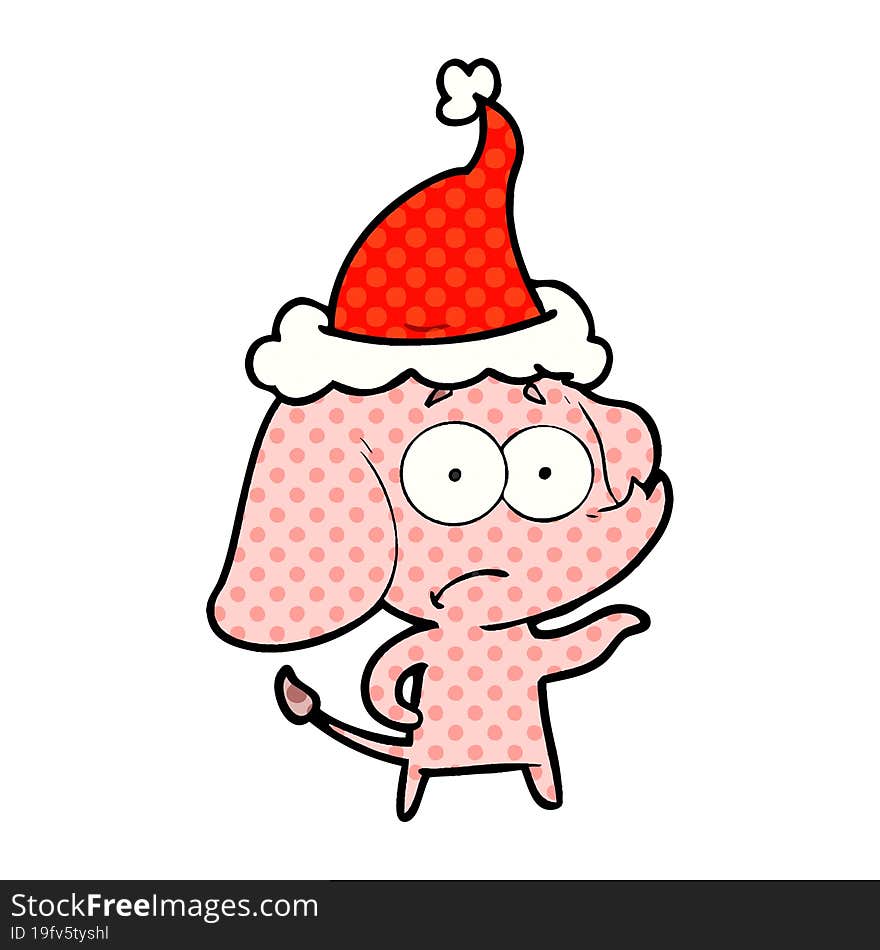 comic book style illustration of a unsure elephant wearing santa hat