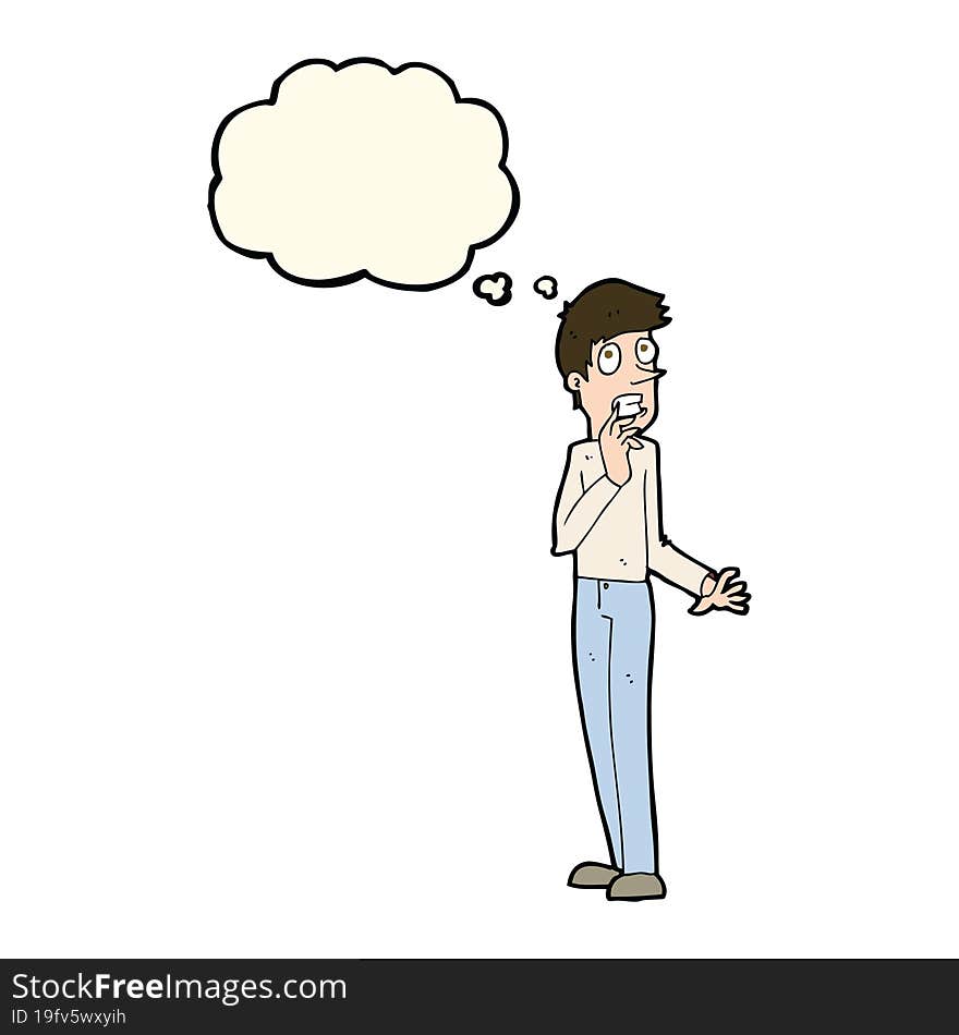 cartoon worried man with thought bubble