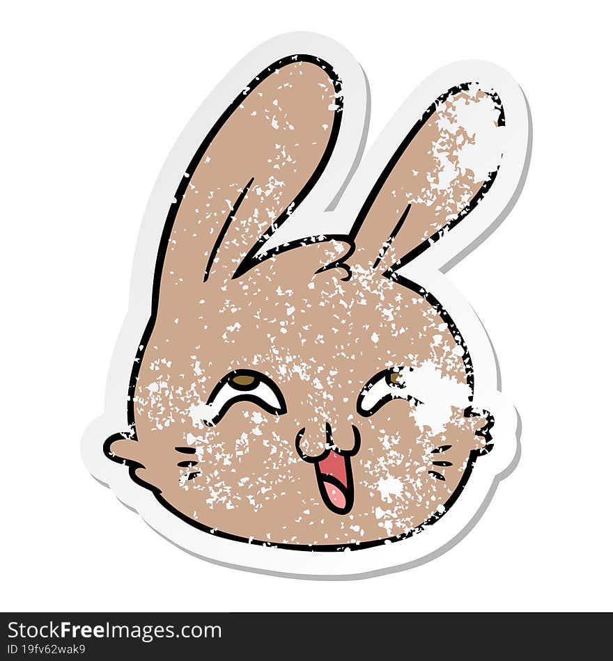 Distressed Sticker Of A Cartoon Happy Rabbit Face