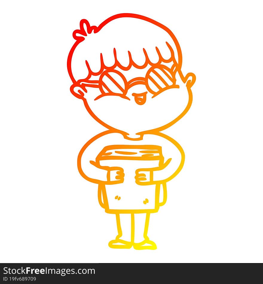 warm gradient line drawing cartoon boy wearing spectacles carrying book