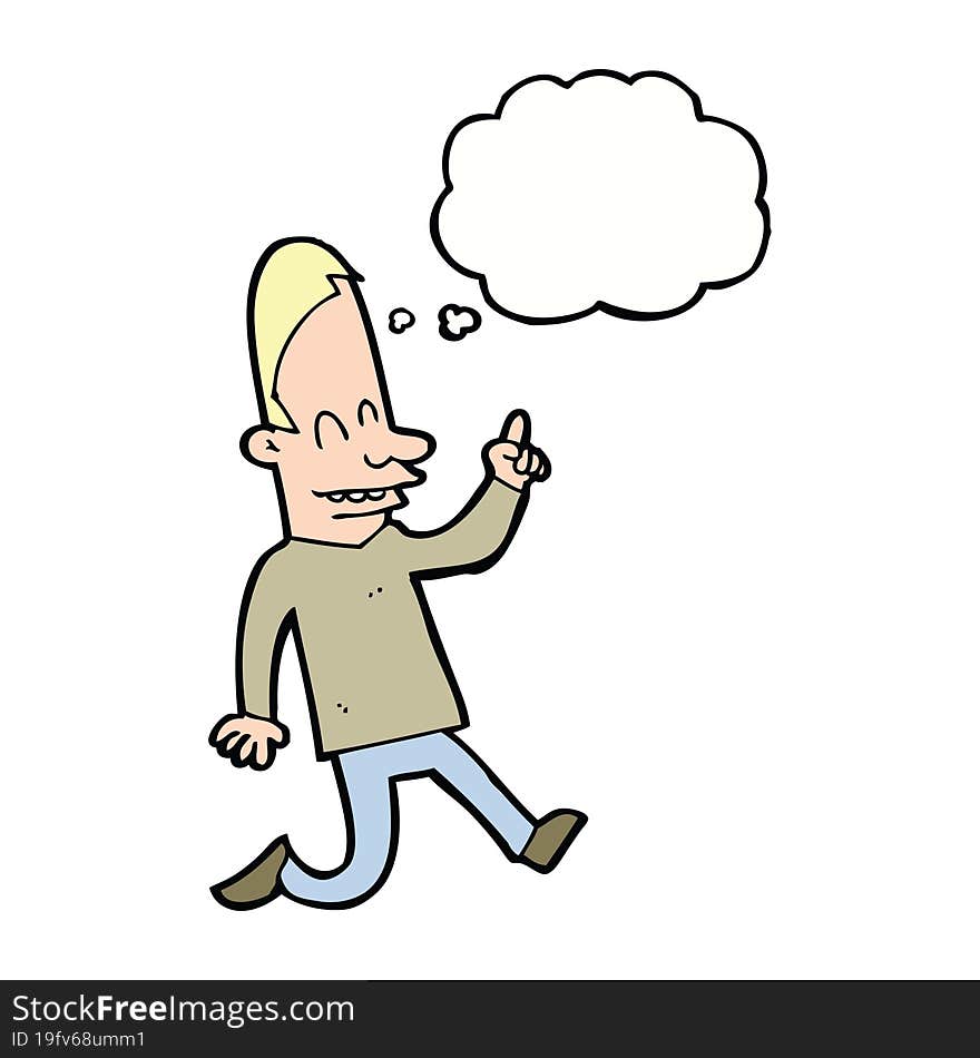 cartoon happy man pointing with thought bubble