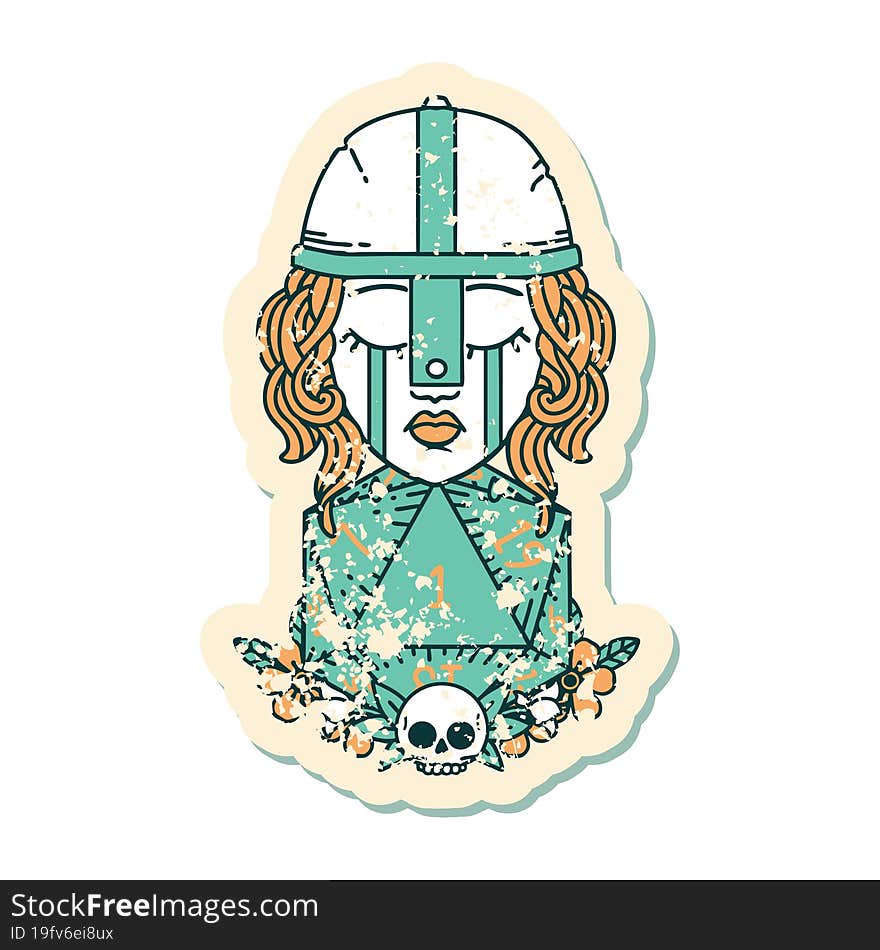 crying human fighter with natural one D20 roll grunge sticker