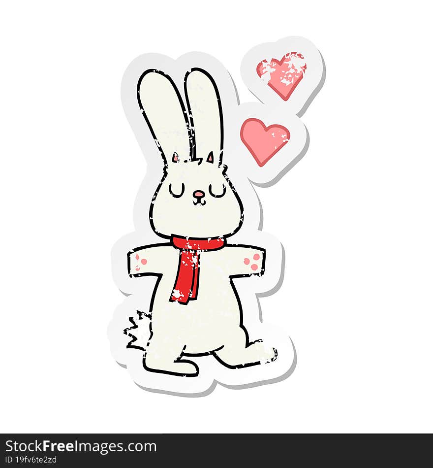 distressed sticker of a cartoon rabbit in love