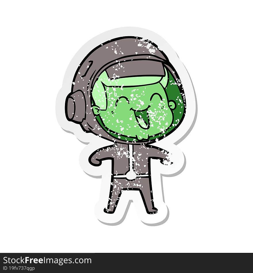 distressed sticker of a happy cartoon astronaut