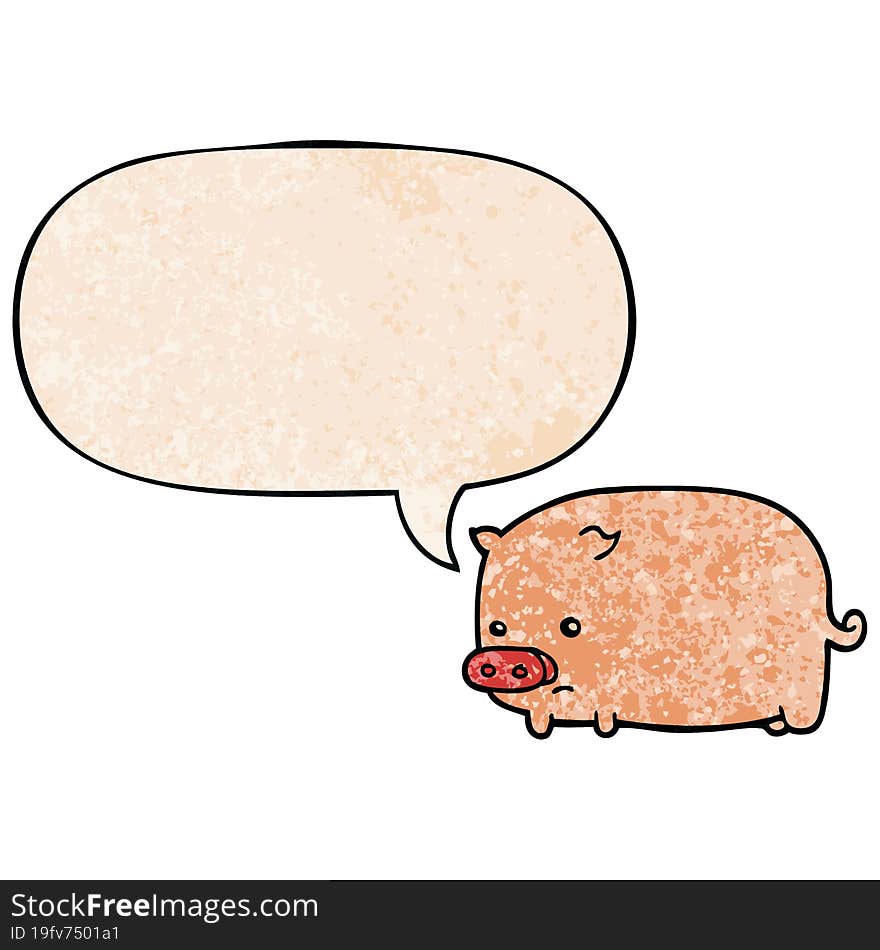 cute cartoon pig and speech bubble in retro texture style