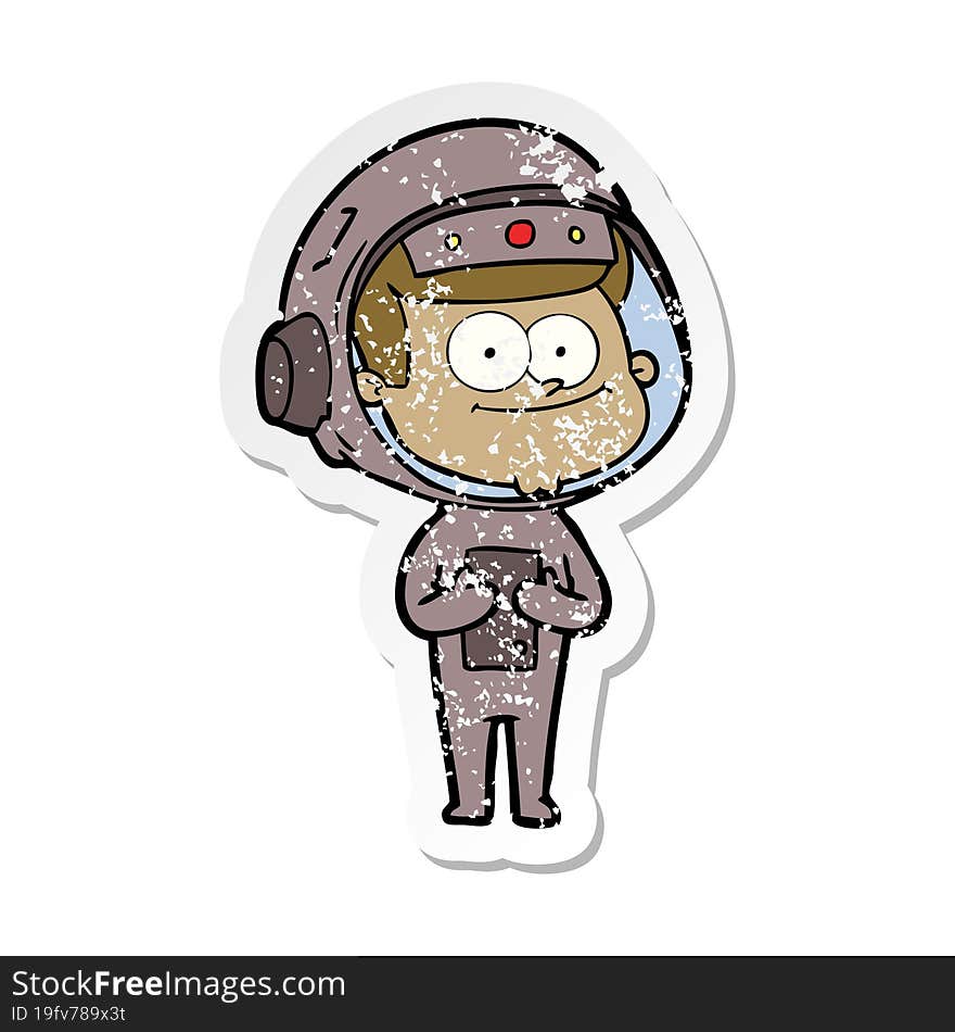 distressed sticker of a happy astronaut cartoon