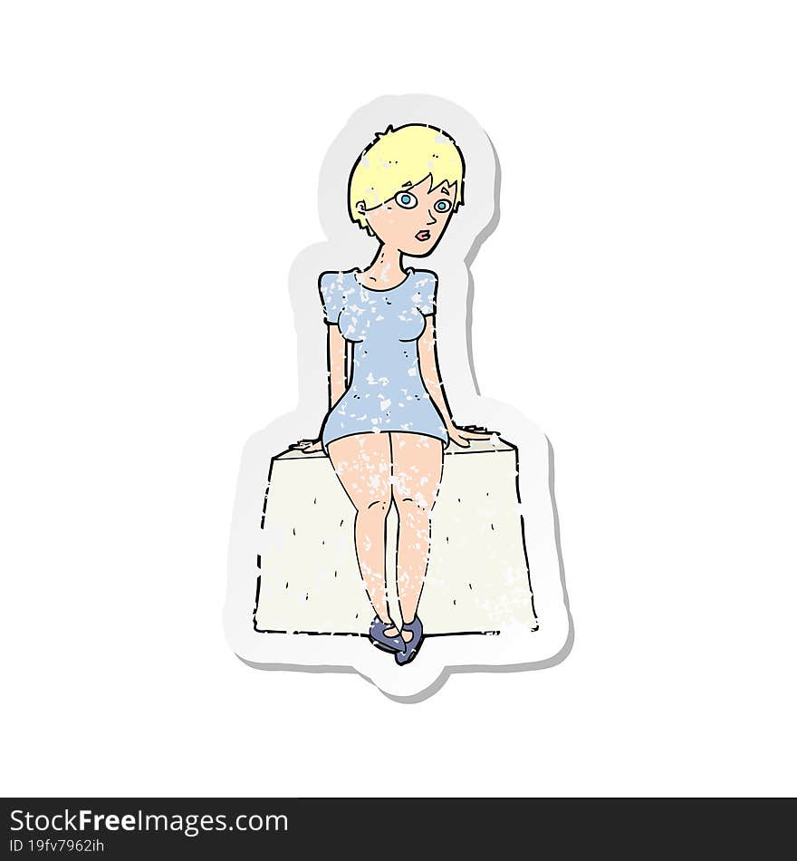 retro distressed sticker of a cartoon curious woman sitting