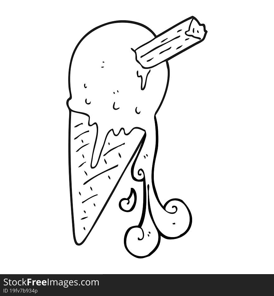 freehand drawn black and white cartoon ice cream cone