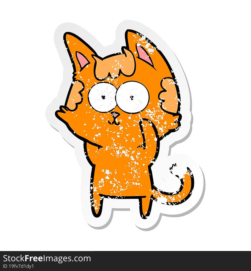 distressed sticker of a happy cartoon cat