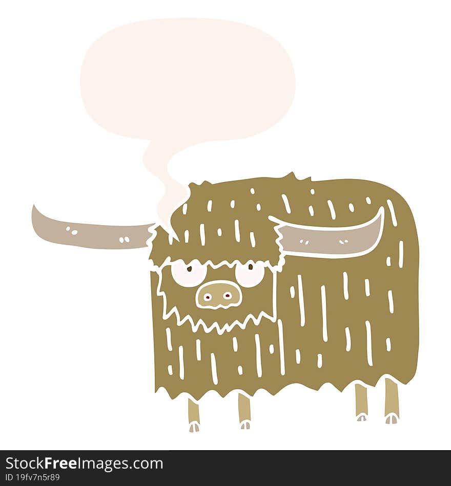 cartoon hairy cow and speech bubble in retro style