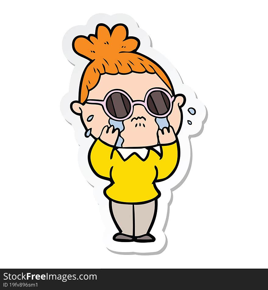 sticker of a cartoon crying woman wearing spectacles