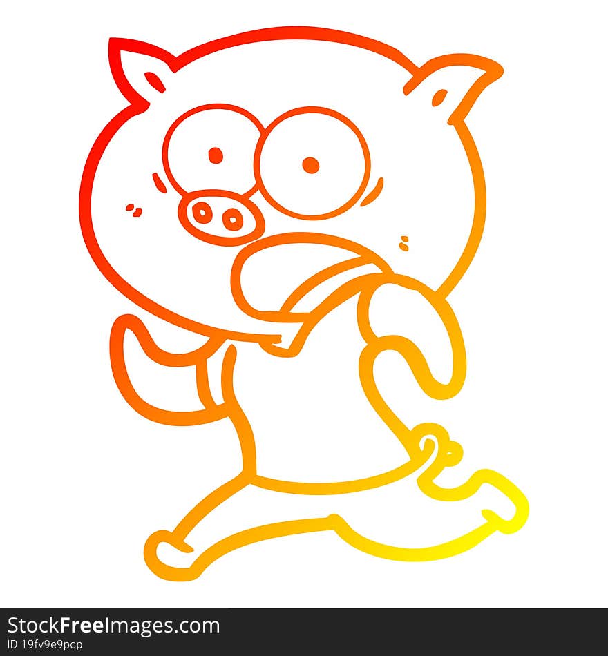 warm gradient line drawing of a cartoon pig running away