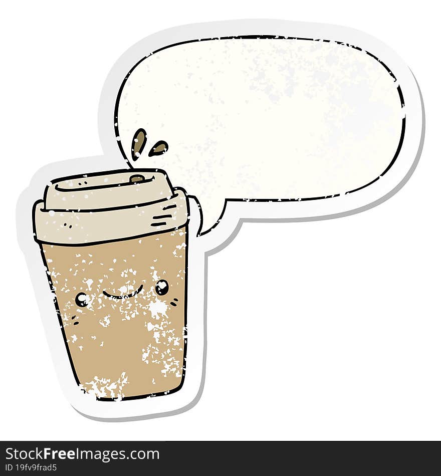 Cartoon Takeaway Coffee And Speech Bubble Distressed Sticker