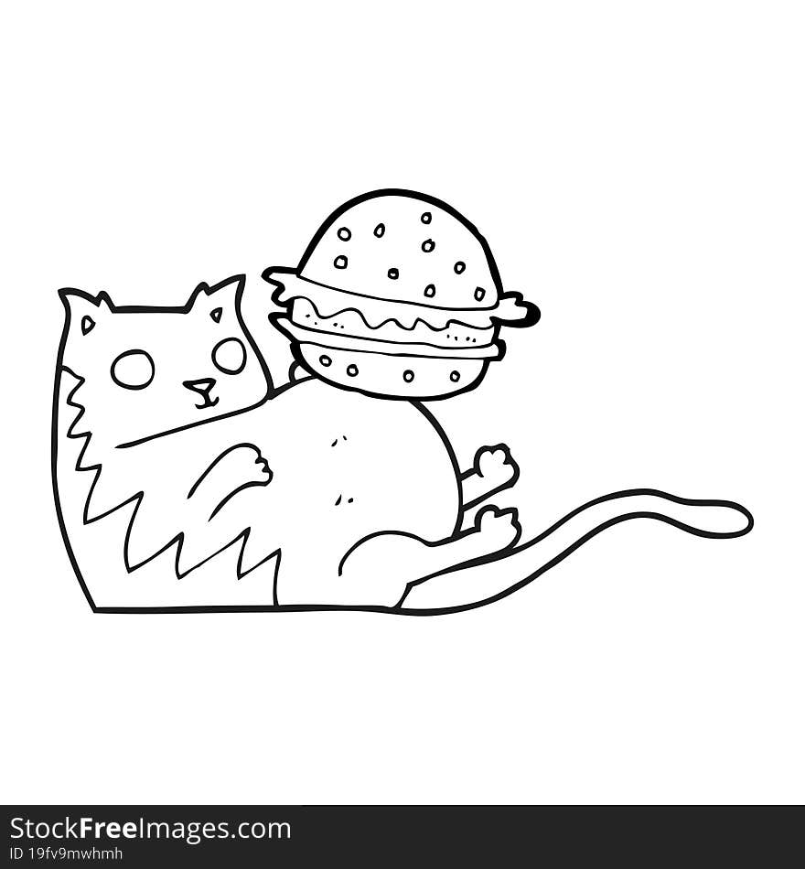 black and white cartoon fat cat with burger