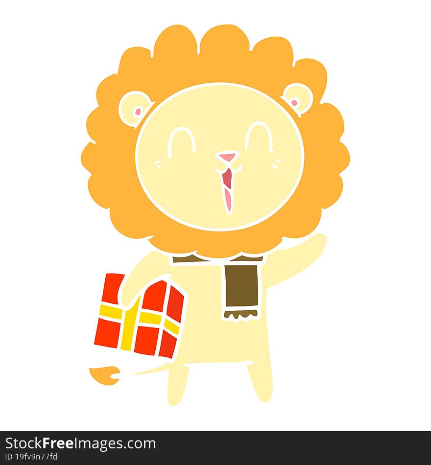 Laughing Lion Flat Color Style Cartoon With Christmas Present