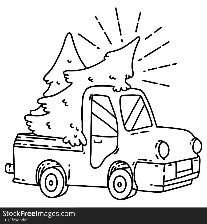 illustration of a traditional black line work tattoo style truck carrying trees