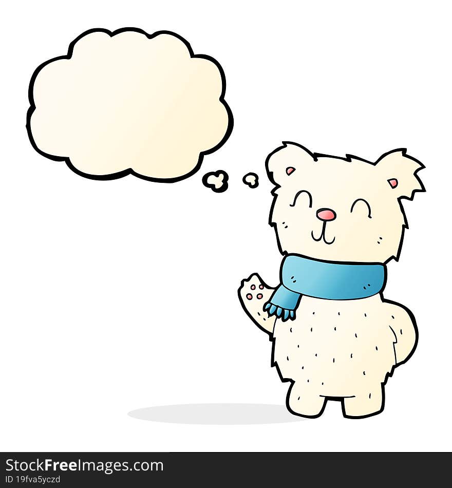 cartoon waving polar bear with thought bubble