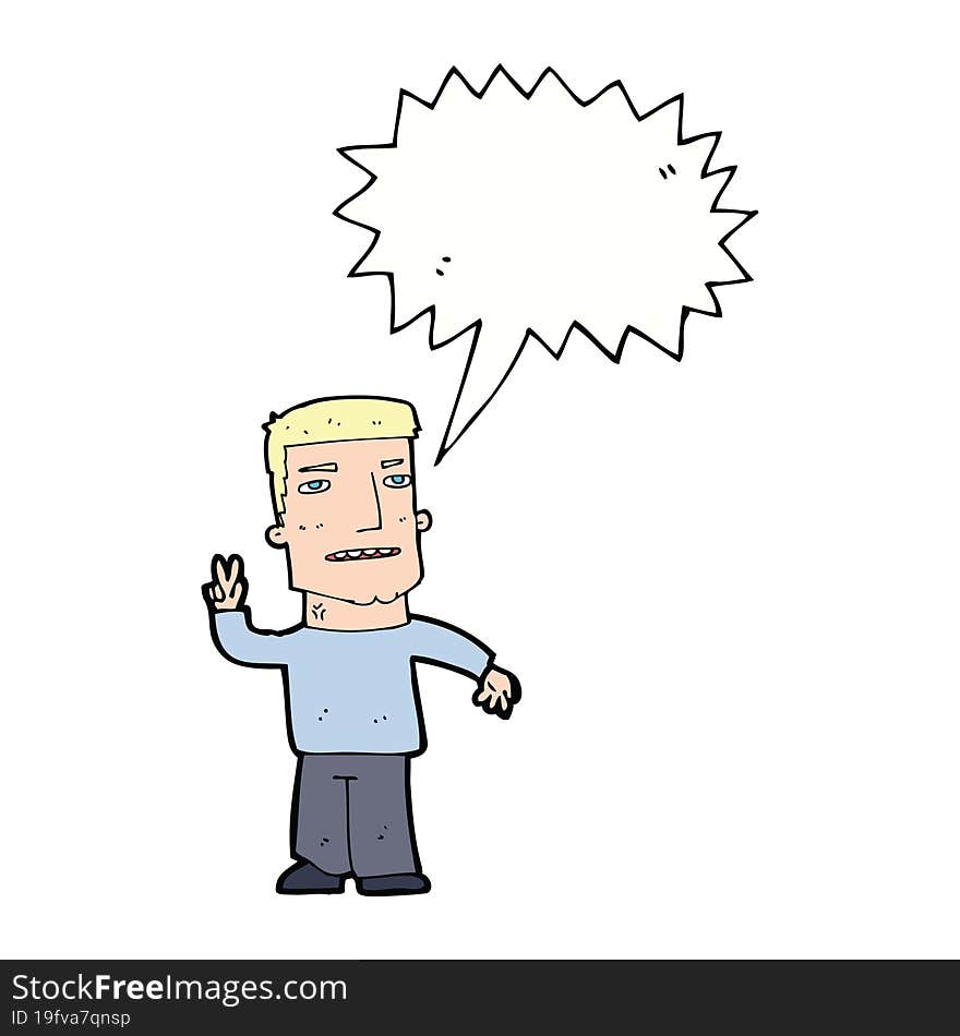 Cartoon Man Giving Peace Sign With Speech Bubble