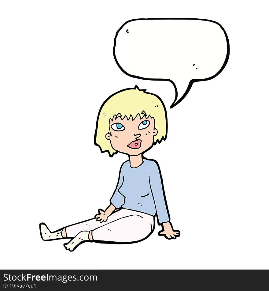 cartoon woman sitting on floor with speech bubble