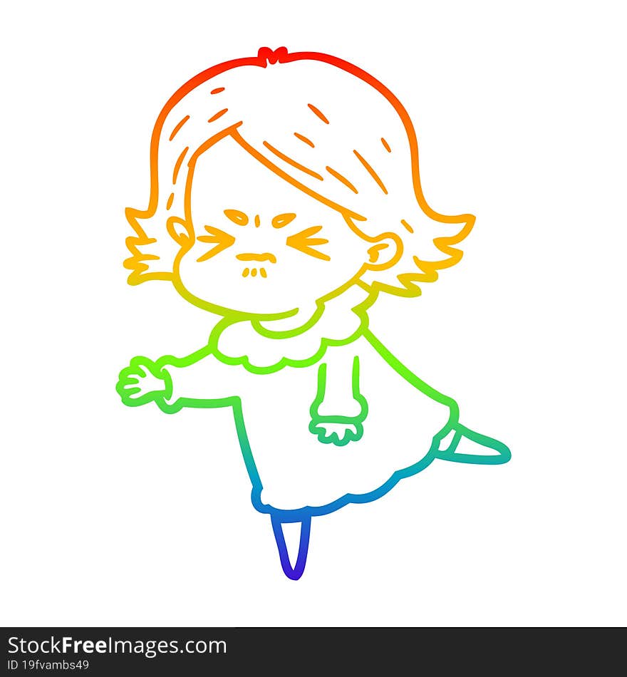 rainbow gradient line drawing of a cartoon angry woman