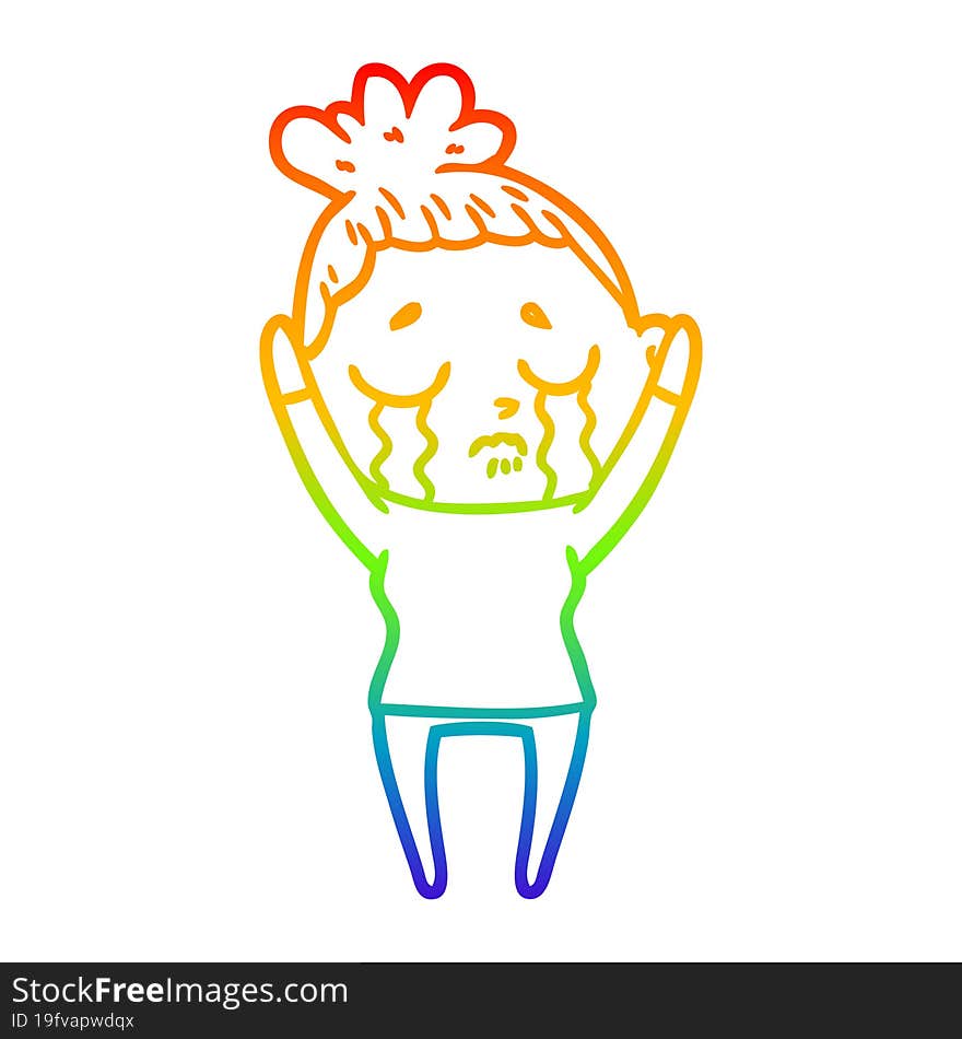 rainbow gradient line drawing of a cartoon crying woman