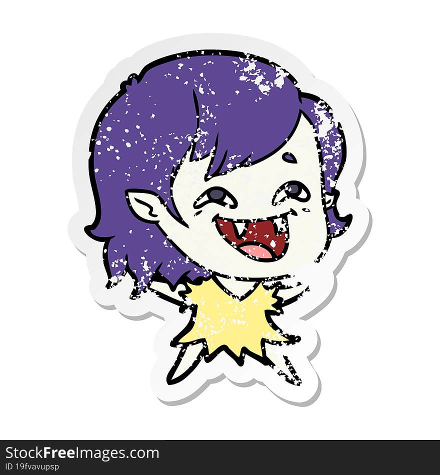 distressed sticker of a cartoon laughing vampire girl