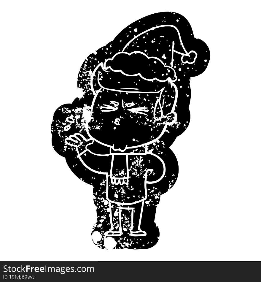 quirky cartoon distressed icon of a man sweating wearing santa hat