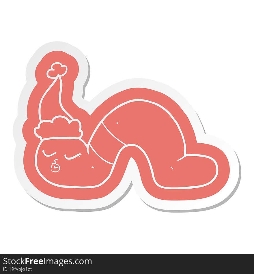 cartoon  sticker of a worm wearing santa hat