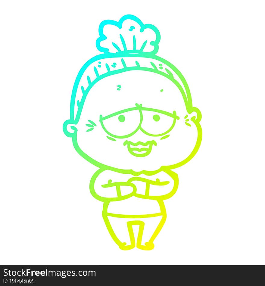 cold gradient line drawing cartoon happy old lady