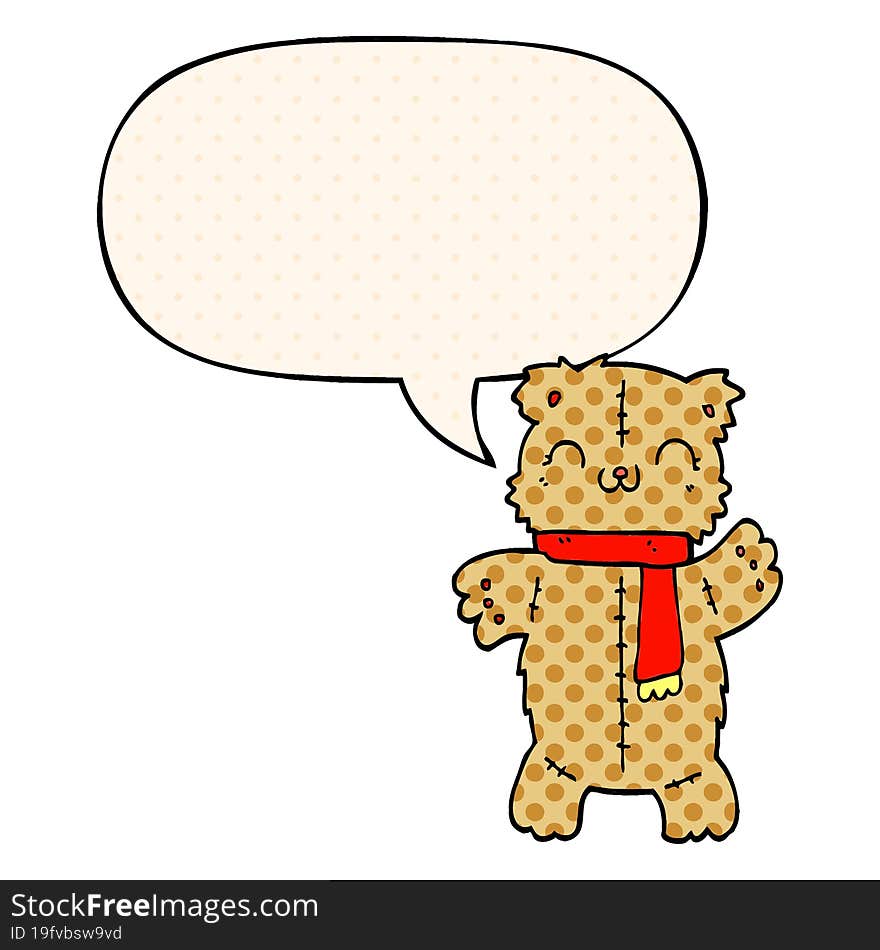 cartoon teddy bear with speech bubble in comic book style