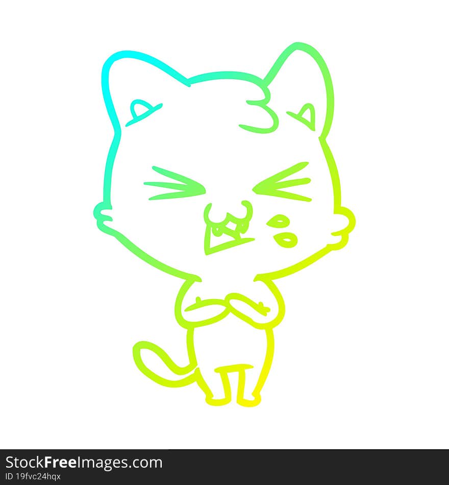 cold gradient line drawing of a cartoon cat hissing