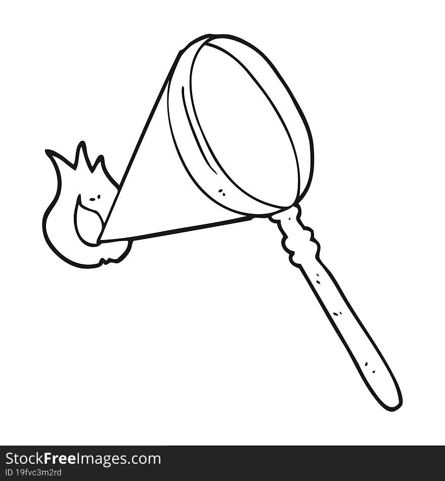 freehand drawn black and white cartoon magnifying glass burning