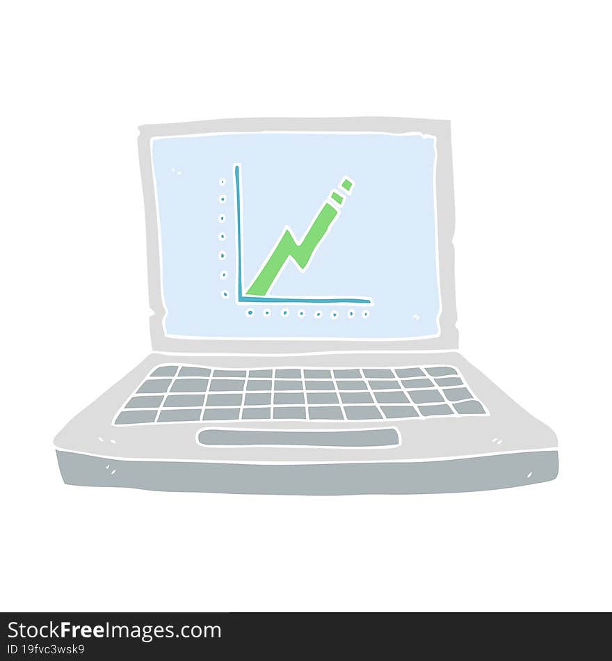 Flat Color Illustration Of A Cartoon Laptop Computer With Business Graph